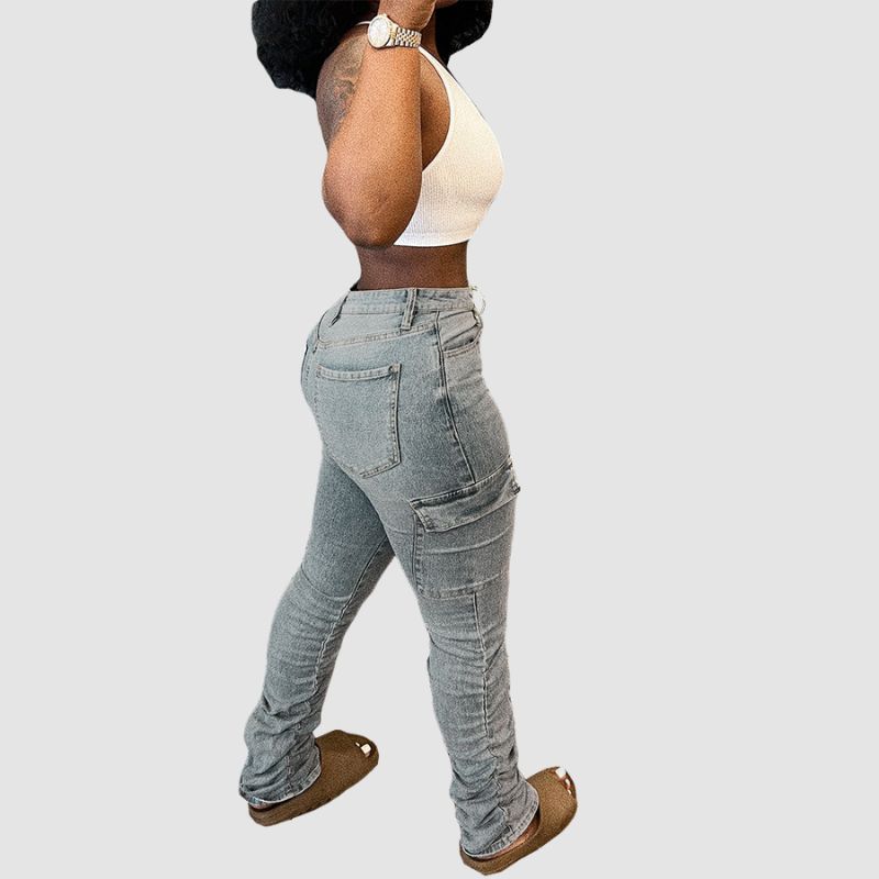 Side Pocket High Elasticity Jeans Light Blue / M