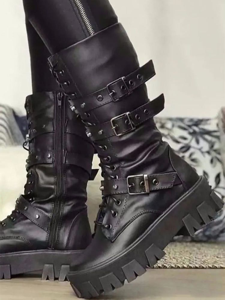 Eyelet Buckled Zipper Platform Boots Black / 5/5.5