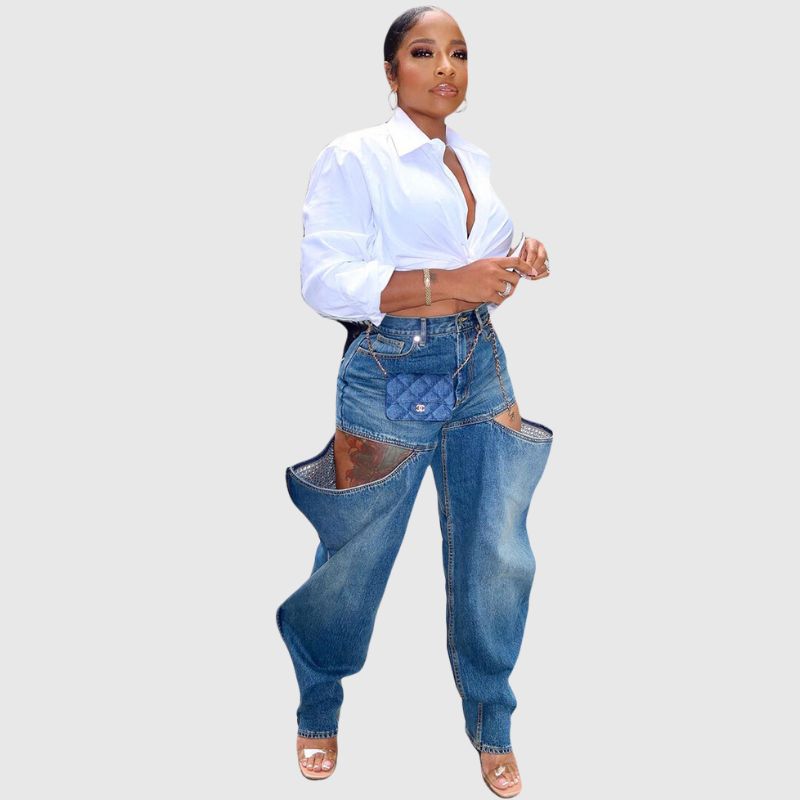 Hollow Out Wide Leg High Waist Jeans Blue / M