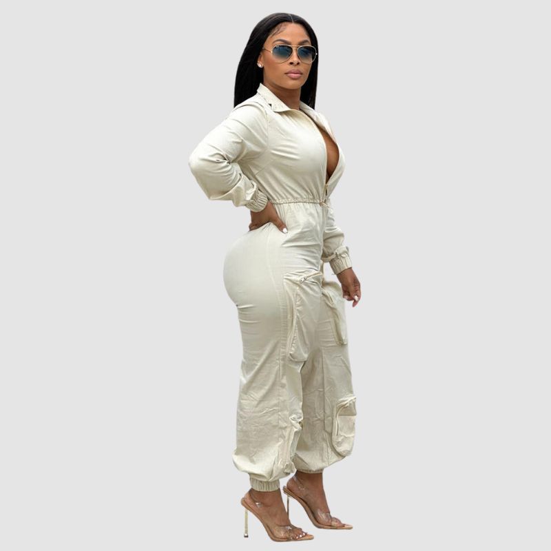 Lapel Patch Pocket Cargo Jumpsuits Black / M
