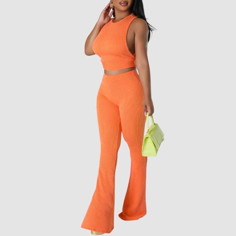 Solid Color Ribbed Knit Vest Set Orange / M