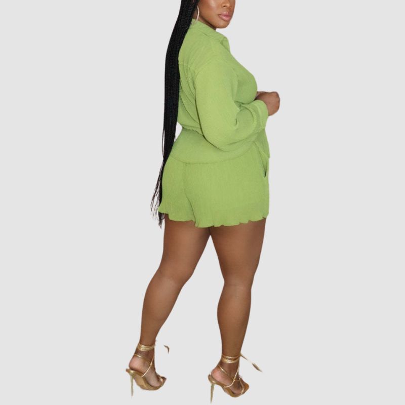 Solid Color Casual Shirts & Shorts Set Green / M