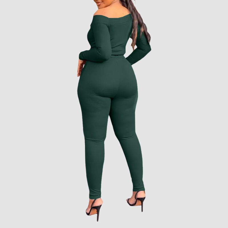 Off-Shoulder Bodycon Pants Set Green / M