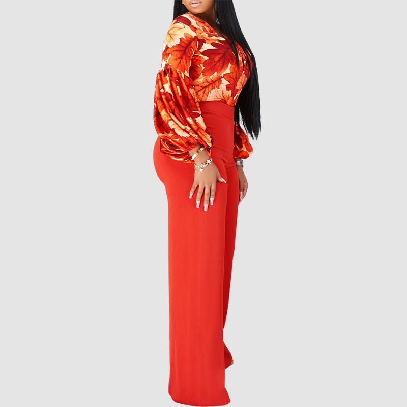 Flower Printed Wide Leg Pant Set Orange / M