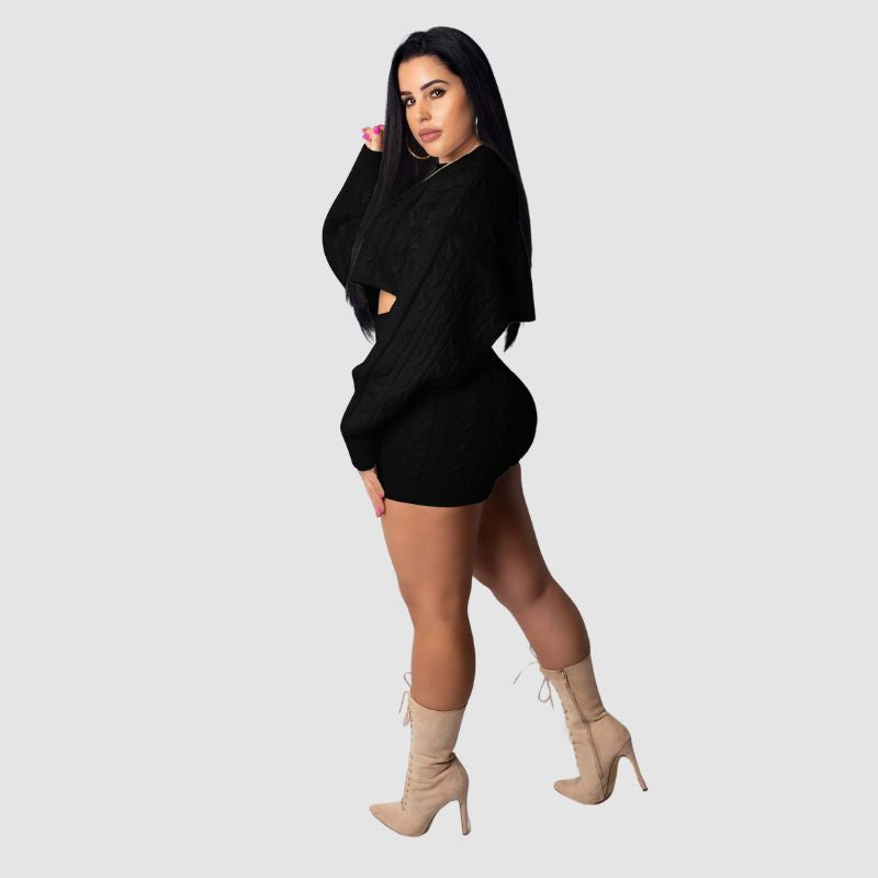 Knit Crop Top & Short Pants Set Black / M