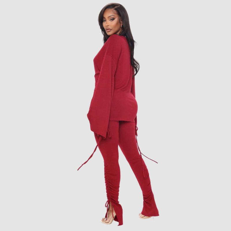 Solid Color Drawstring Design Pant Set Red / M