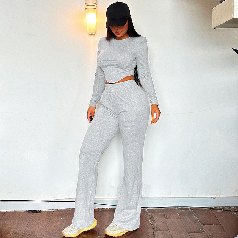 Fishbone Crop Top & Pants Set Grey / S