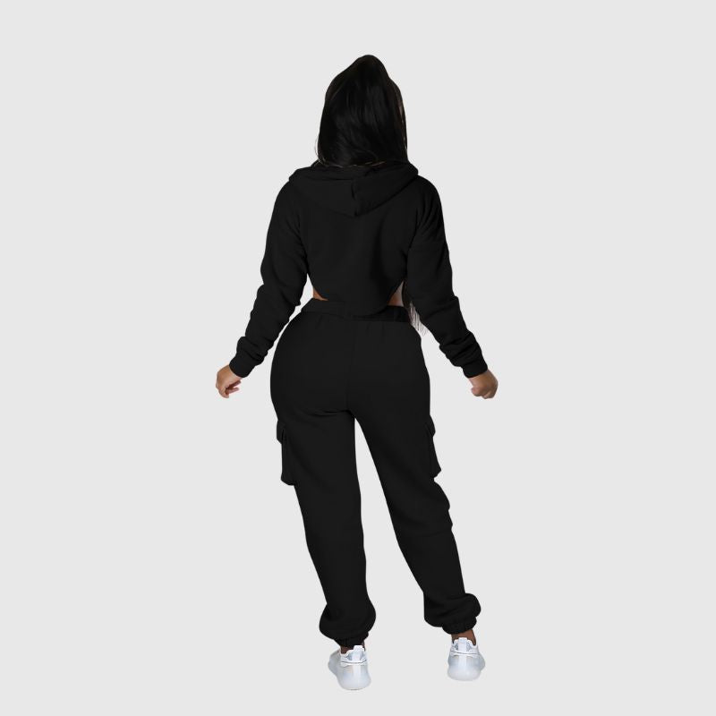 Irregular Zipper Top & Cargo Pant Set Black / M