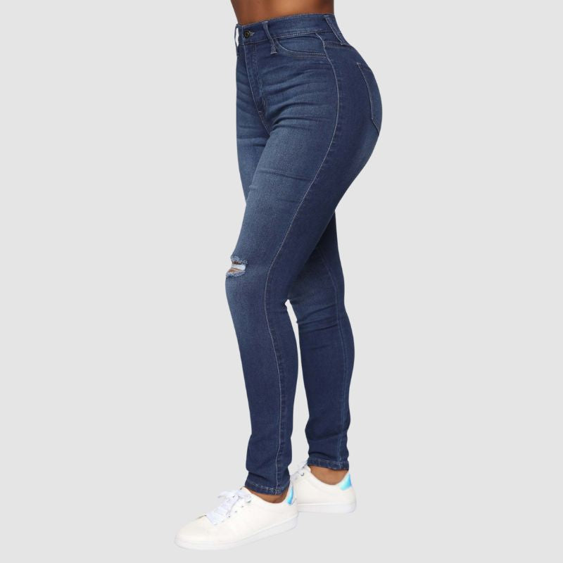Ripped Design High Elasticity Jeans Dark Blue / M