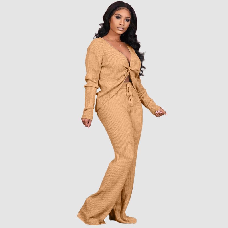 Thickened Ribbed Knit set Khaki / M