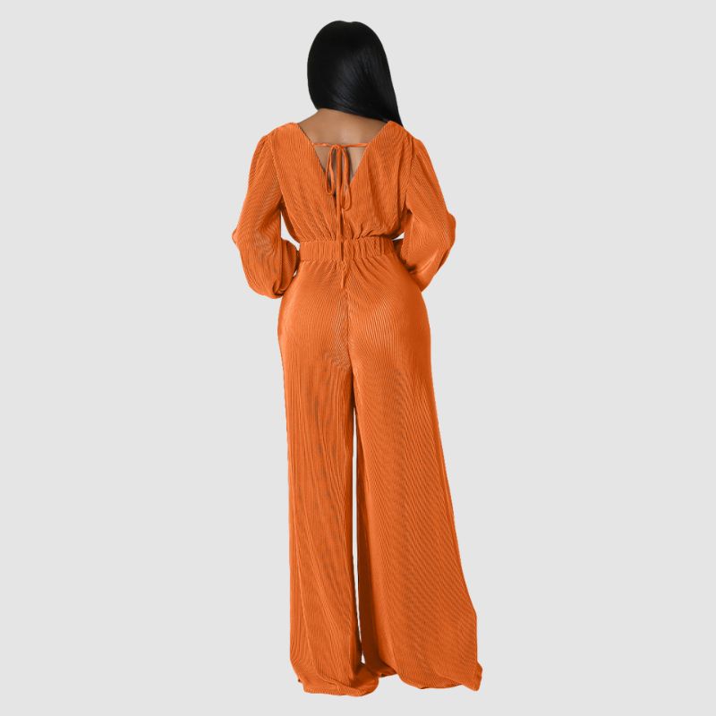 Pleated Long Sleeve Jumpsuits Black / XL