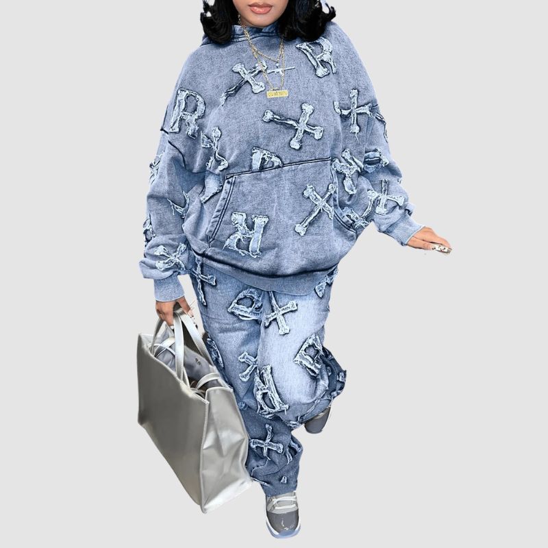 Full Letter Embroidered Denim Hoodie Set Grey / S