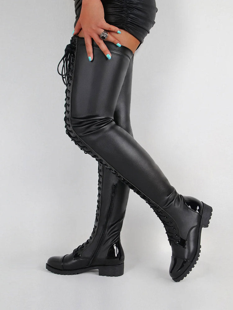Lace Up PU Leather Boots Black / 6.5/7