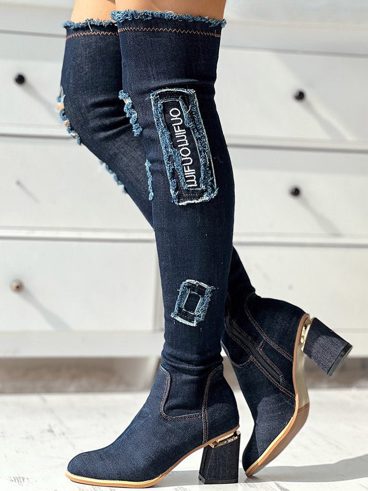Ripped Over The Knee Denim Boots Navy / 5/5.5