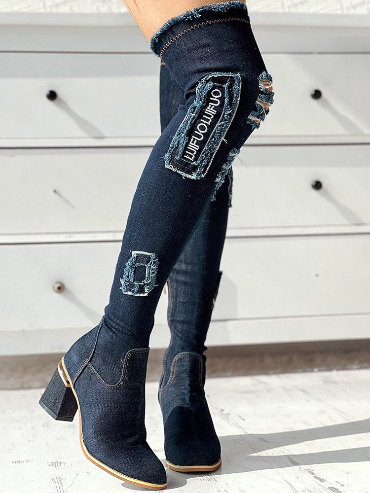 Ripped Over The Knee Denim Boots Navy / 6.5/7