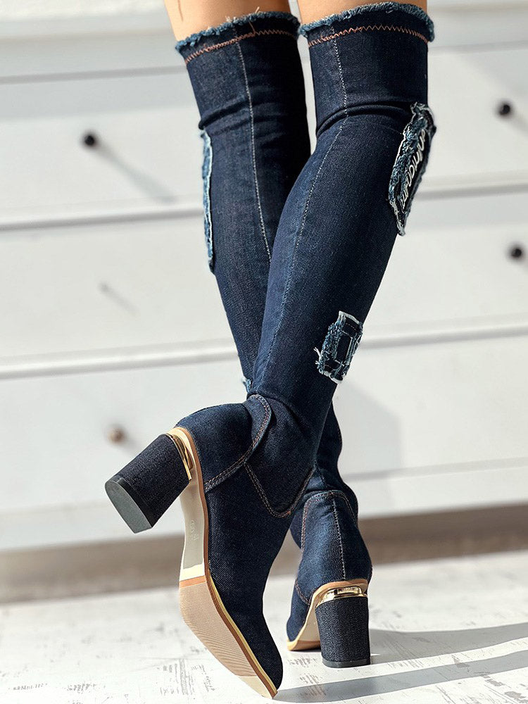Ripped Over The Knee Denim Boots Navy / 7.5/8
