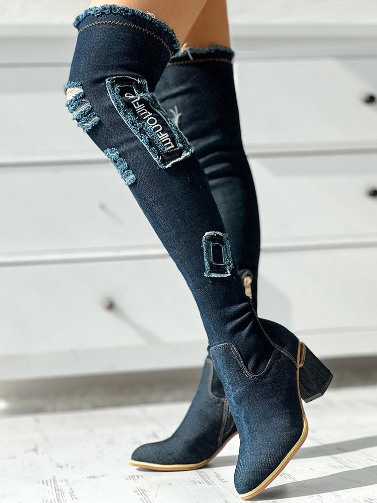 Ripped Over The Knee Denim Boots Navy / 8.5