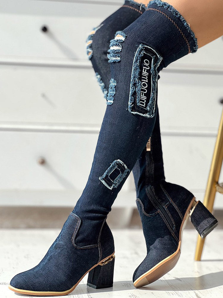 Ripped Over The Knee Denim Boots Navy / 6