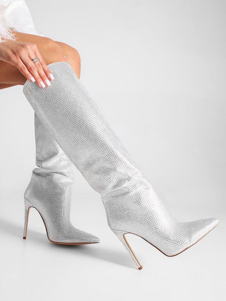 Crystal-Embellished Suede Boots Silver / 6