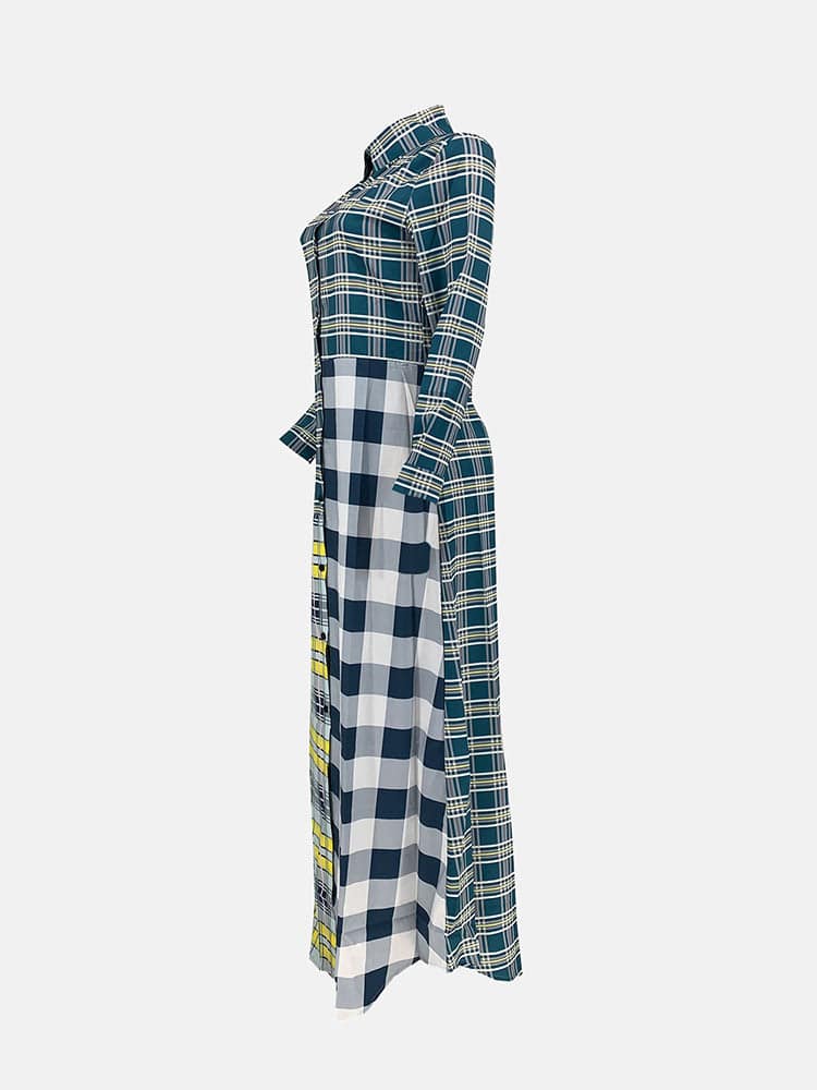 Plaid Turndown Collar Dresses Coat Yellow / XL