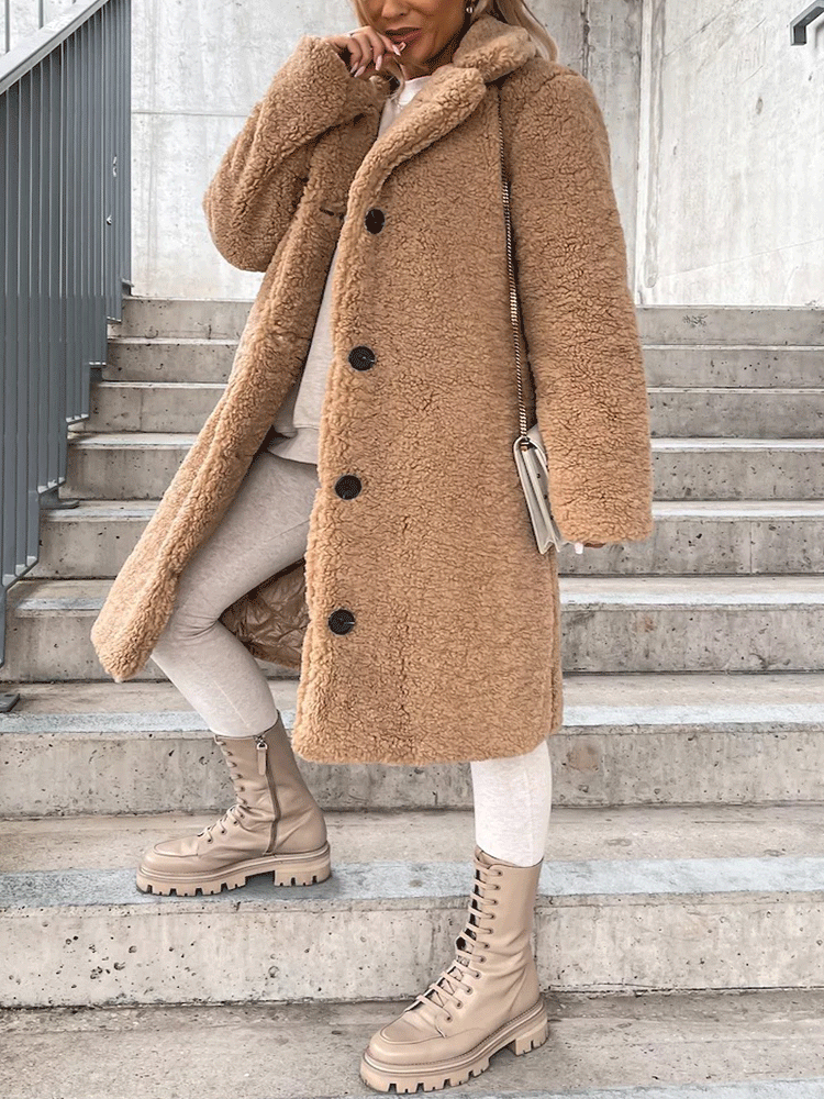 Solid Lapel Teddy Fur Long Coat Apricot / 5XL
