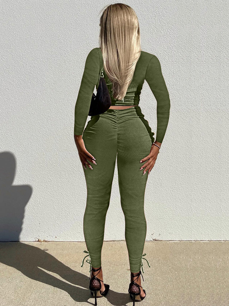 Ribbed Ruched Set Green / M