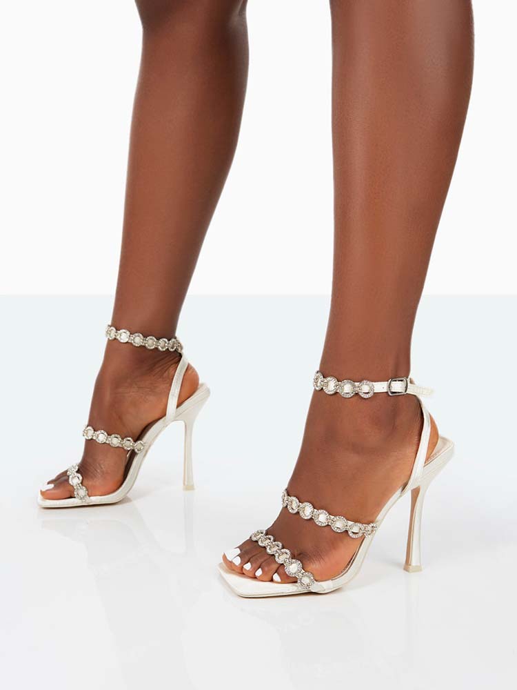 Diamante Square Toe Heels White / 5/5.5