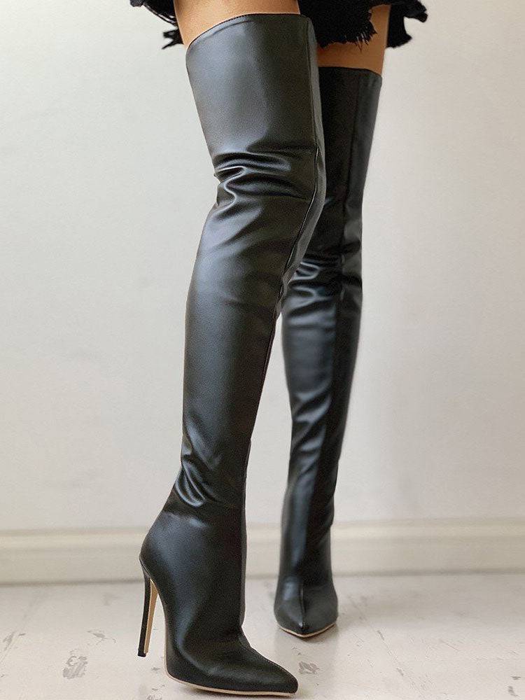 PU Zipper Stiletto Heeled Over Knee Boots Black / 5/5.5