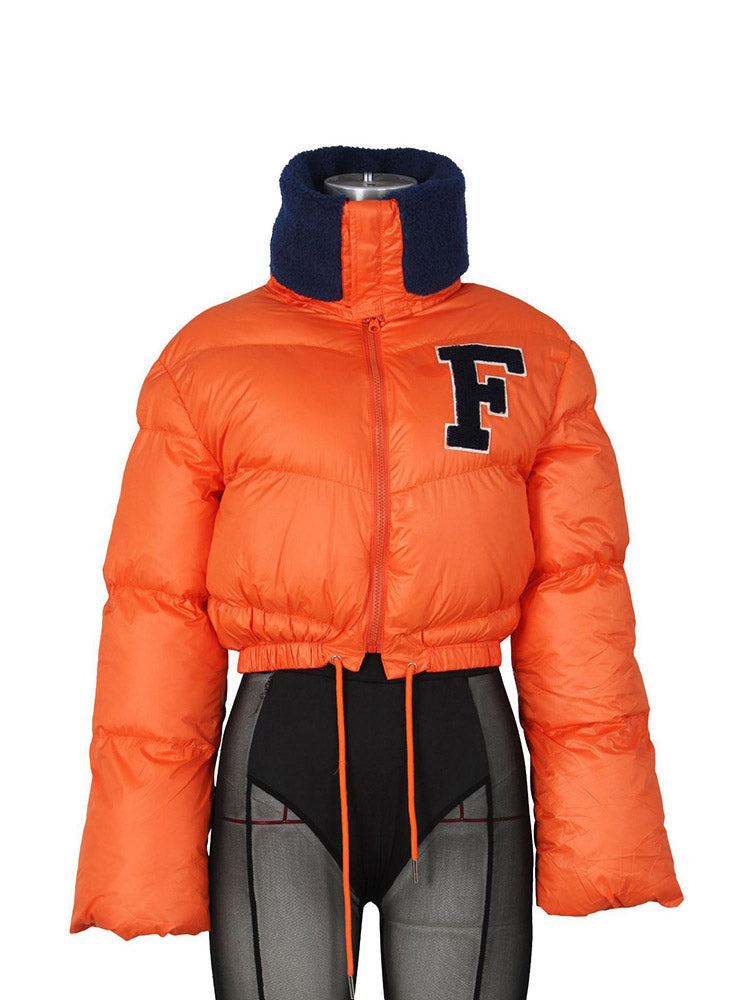 Letter Embroidery Puffer Jacket Orange Blue(Glossy) / M