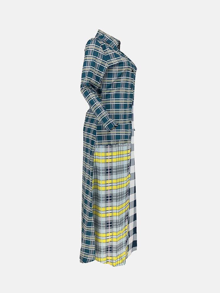 Plaid Turndown Collar Dresses Coat Yellow / 2XL