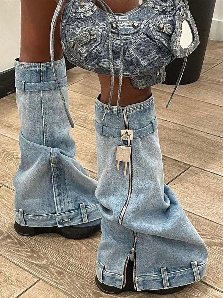 Handcrafted Denim Wedge Heel Boots Light Blue / 5/5.5