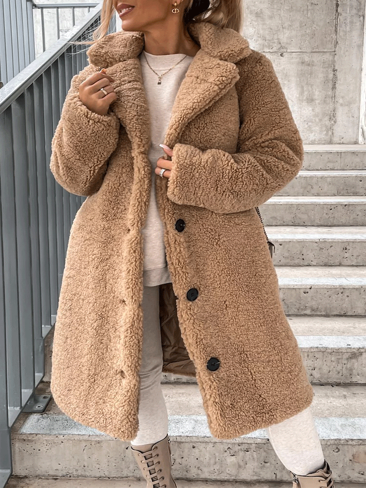 Solid Lapel Teddy Fur Long Coat Khaki / S