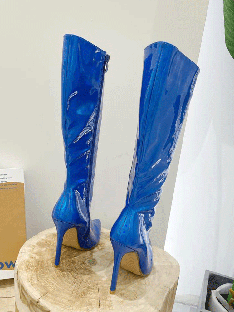 Leather Stiletto Heeled Shiny Boots Blue / 6