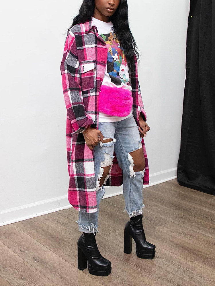 Flannel Pocket Plaid Cardigan Red / M