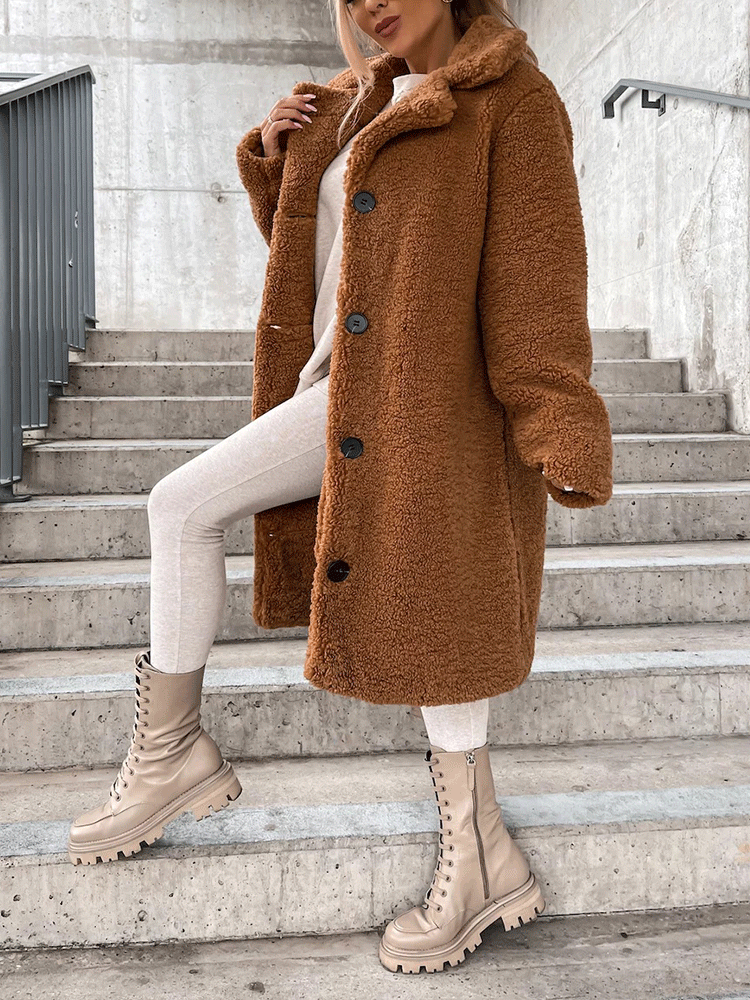 Solid Lapel Teddy Fur Long Coat Khaki / 2XL