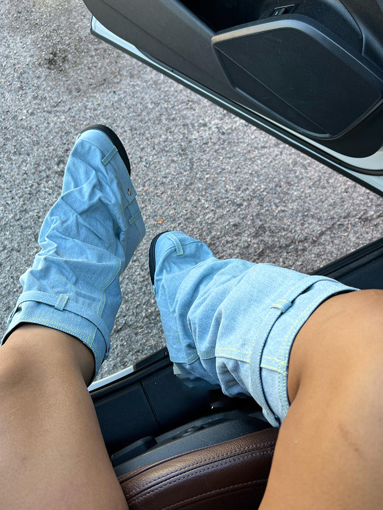 Handcrafted Denim Wedge Heel Boots Light Blue / 7.5/8