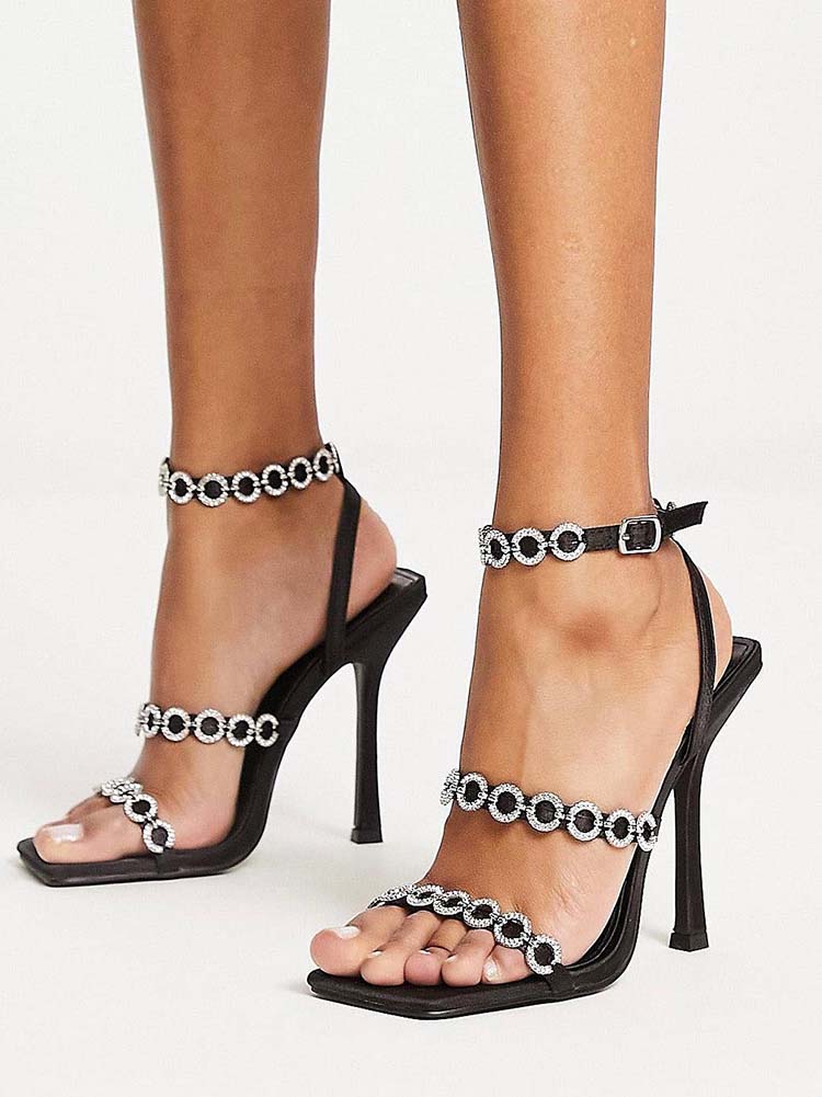 Diamante Square Toe Heels Black / 9/9.5