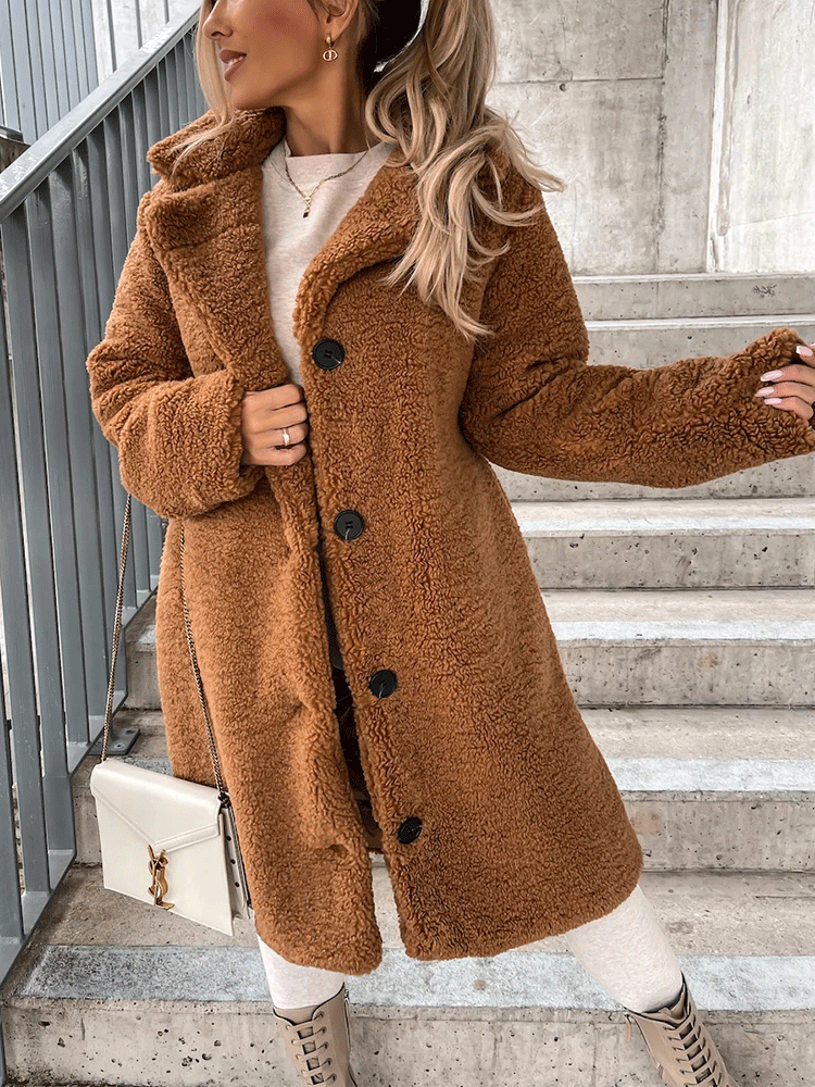 Solid Lapel Teddy Fur Long Coat Khaki / L