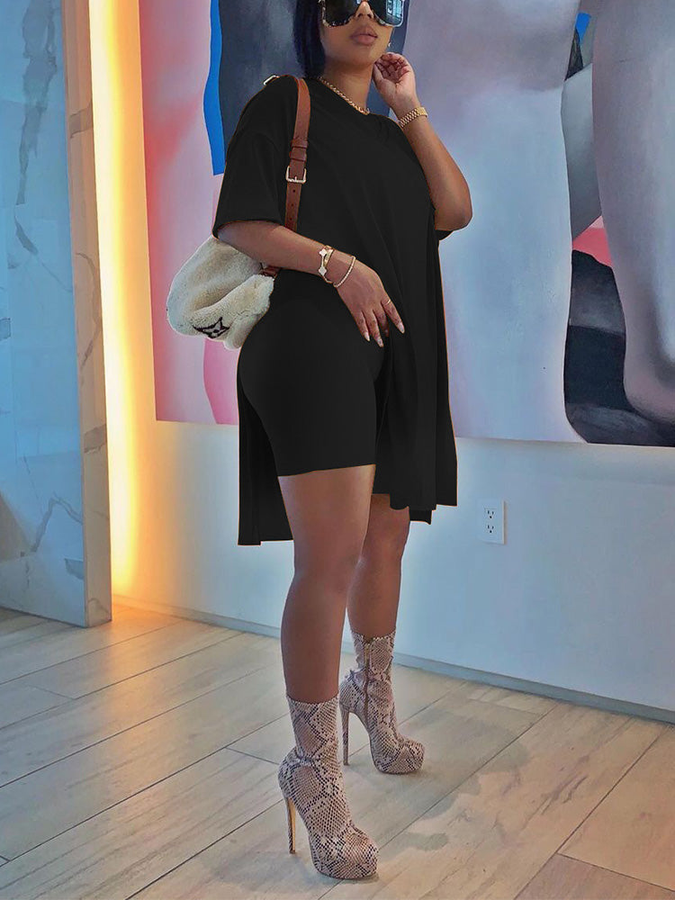 Casual Solid 2PC Set Black / 2XL