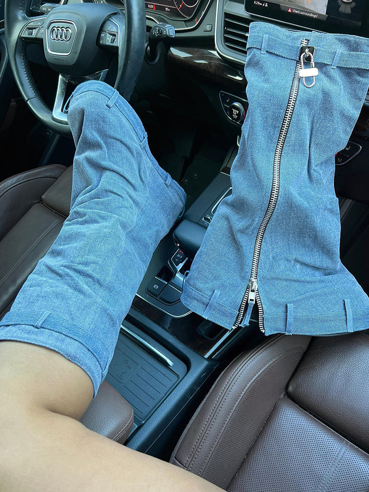 Handcrafted Denim Wedge Heel Boots Light Blue / 6.5/7