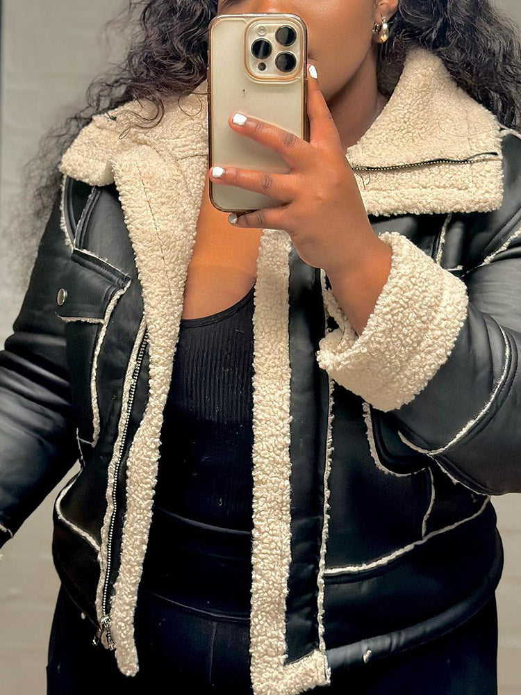 Leather Shearling Crop Jacket Beige / M