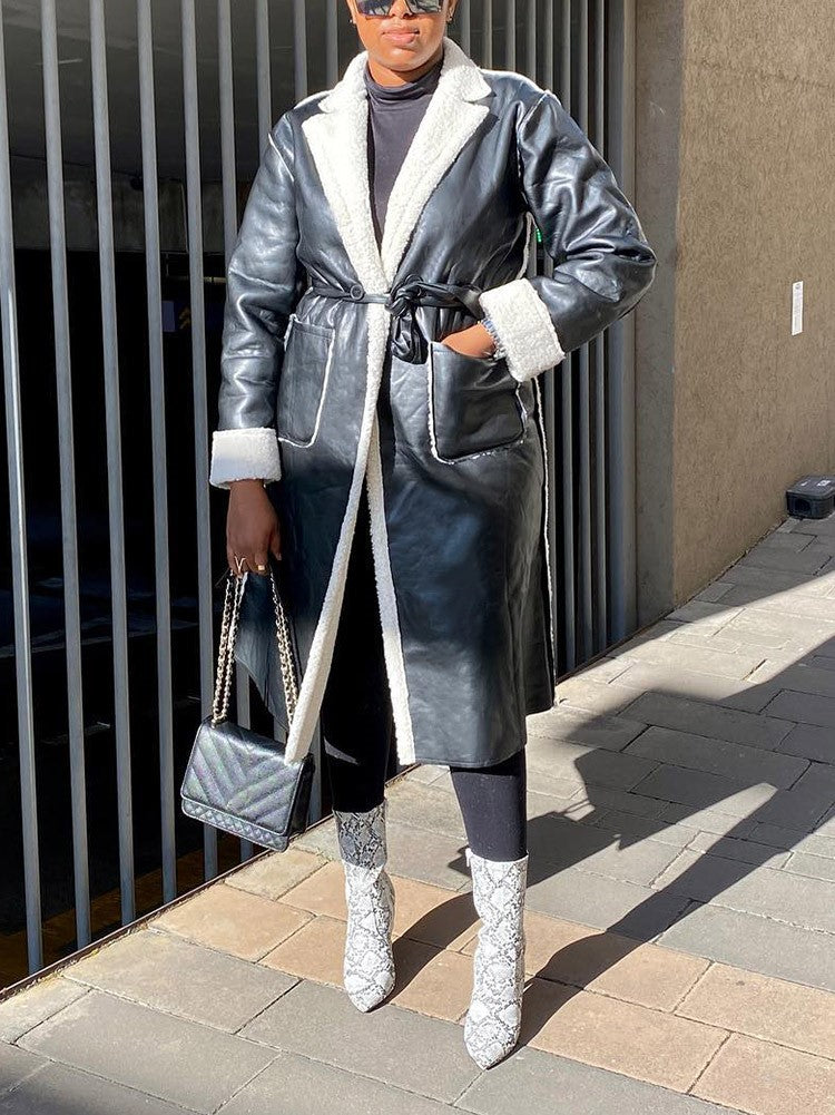 Faux Leather Shearling Lined Coat Black / M
