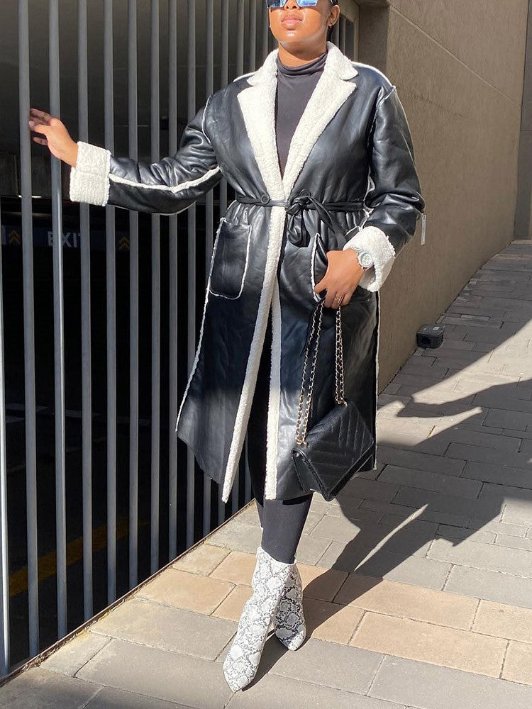 Faux Leather Shearling Lined Coat Black / L