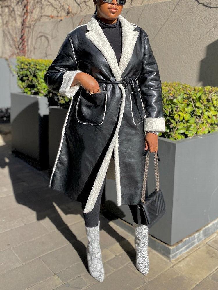 Faux Leather Shearling Lined Coat Black / XL