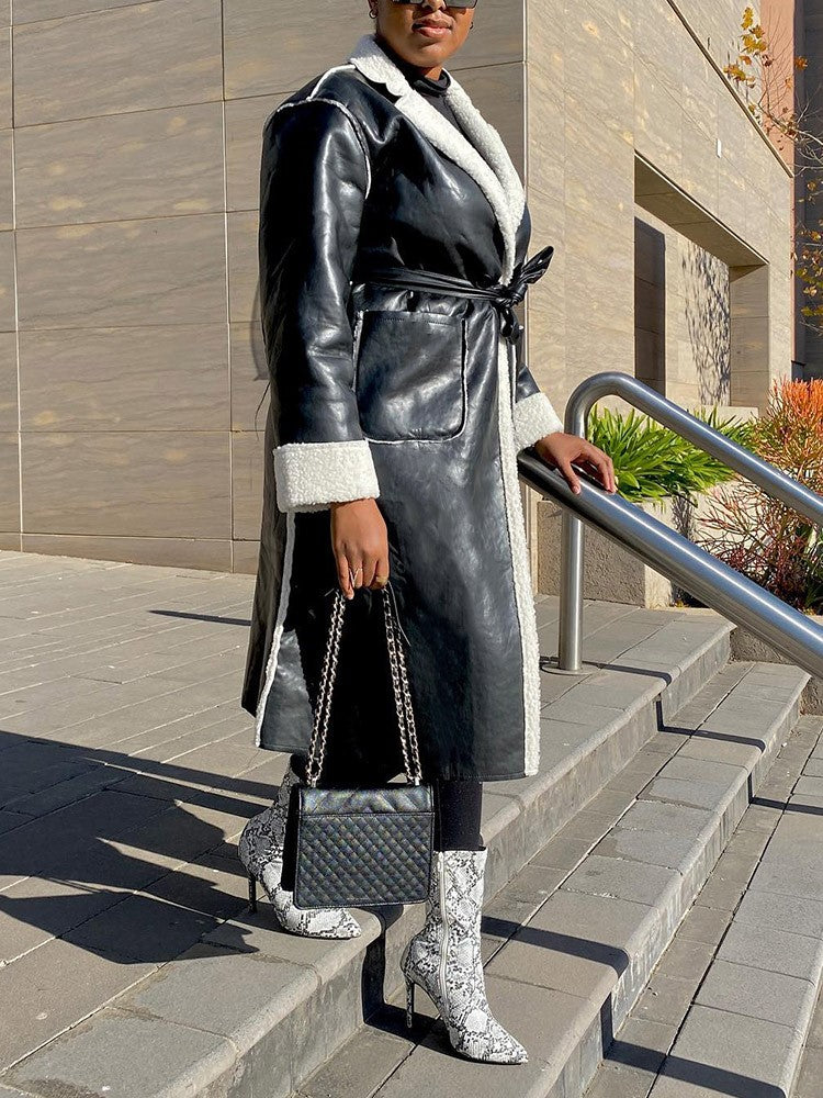 Faux Leather Shearling Lined Coat Beige / S