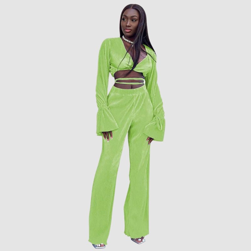 V-Neck Tie Up Top & Pleated Wide Leg Pant Set White / S