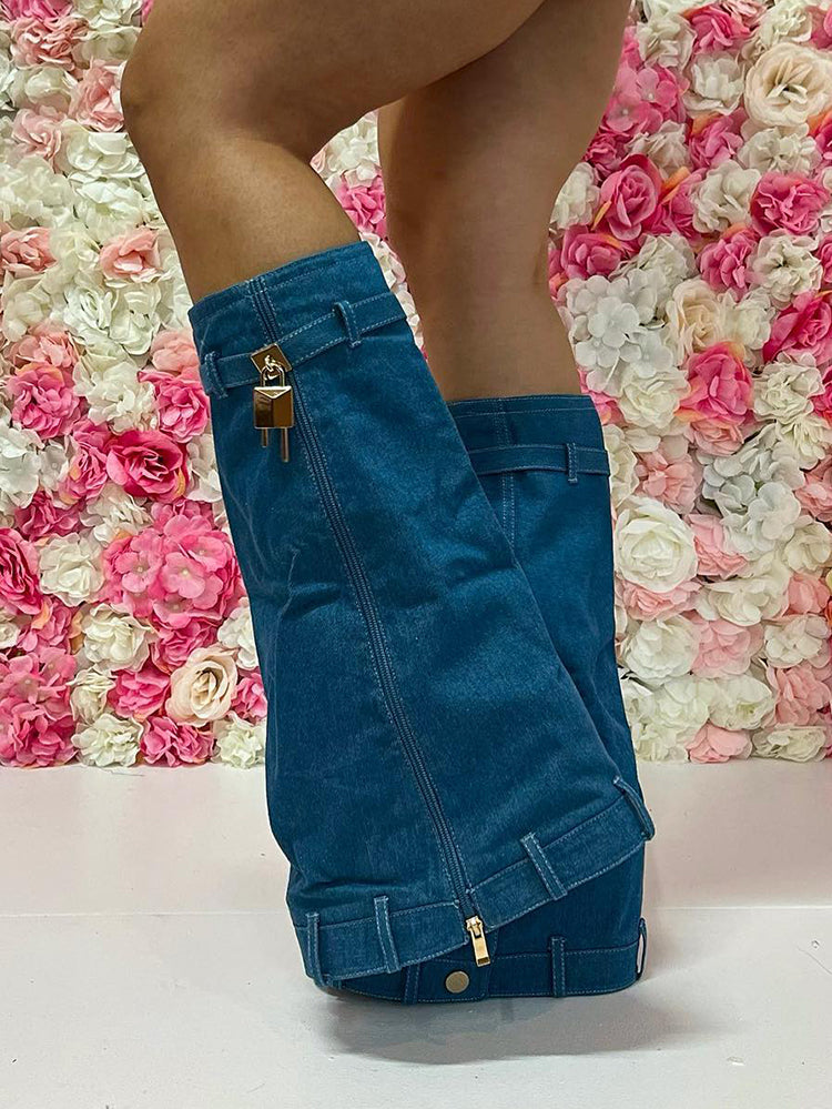 Handcrafted Denim Wedge Heel Boots Blue / 9/9.5