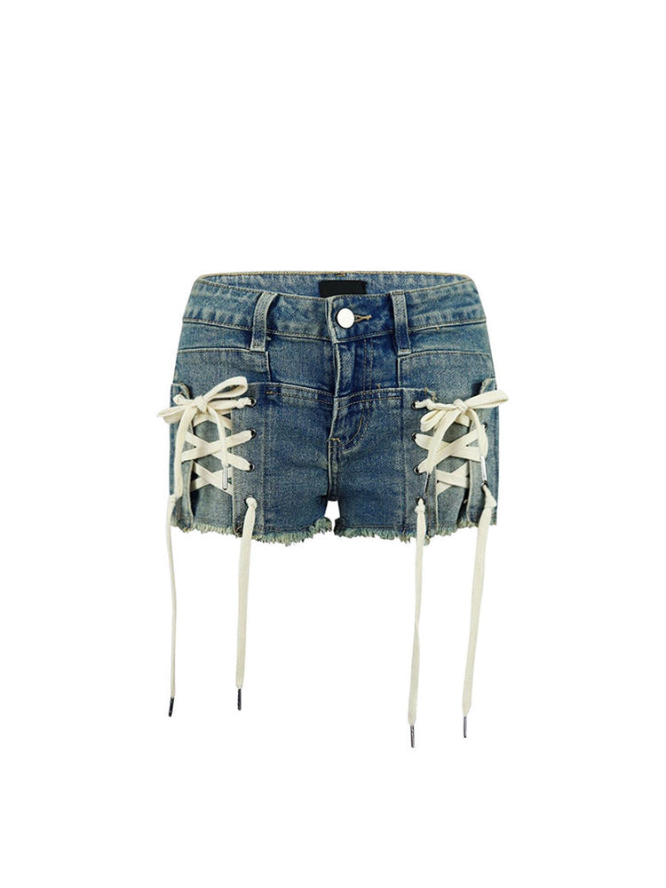 Lace Up Denim Shorts Blue / XL