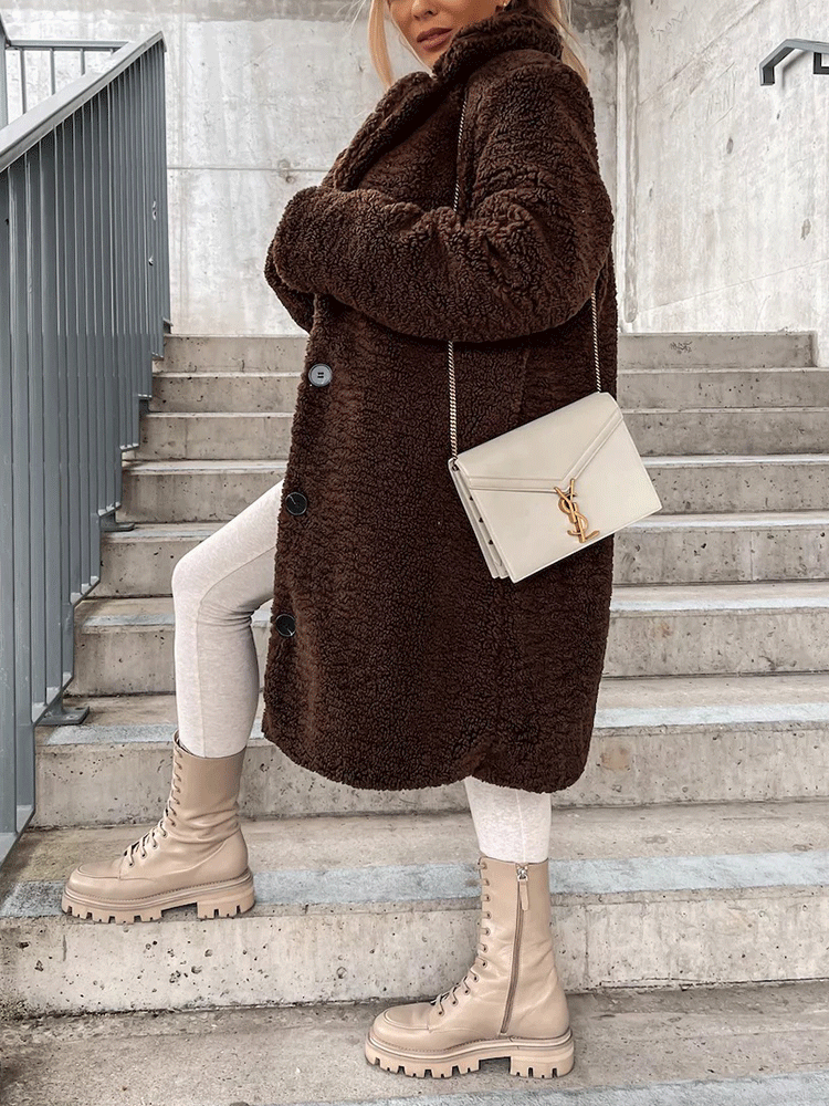 Solid Lapel Teddy Fur Long Coat Khaki / 5XL