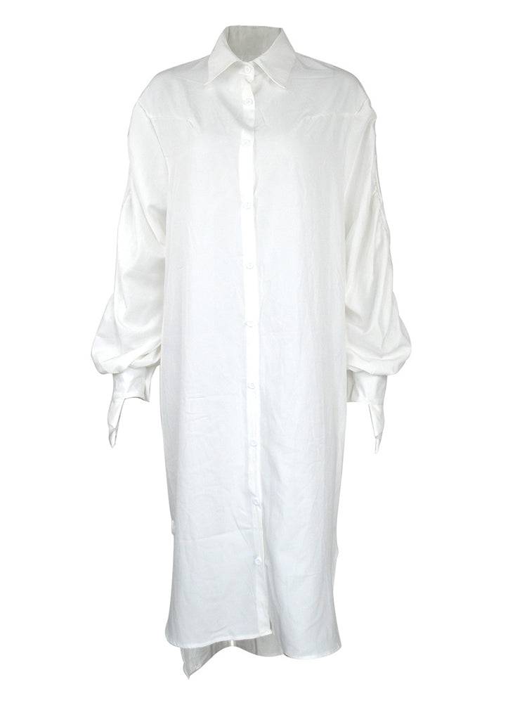 Turndown Collar Long Sleeve Shirt Dress White / 4XL
